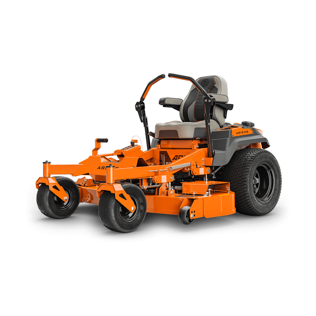 Orange and black Ariens Apex 52 KW zero-turn lawn mower with a 52 inch cutting deck, twin lap bars and a padded seat.