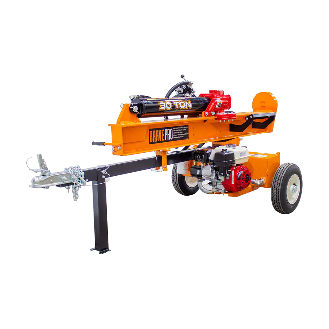 Brave VH1730GX 30 ton log splitter with Honda GX200 engine on an industrial I-beam frame