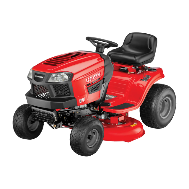 Side view of a Craftsman T110 riding lawn mower, factory build 13AN77XS093, with a 42 inch cutting deck