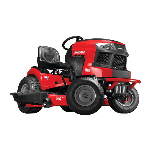 Craftsman T310 riding lawn mower with a 54 inch cutting deck, seen from the front three quarter angle