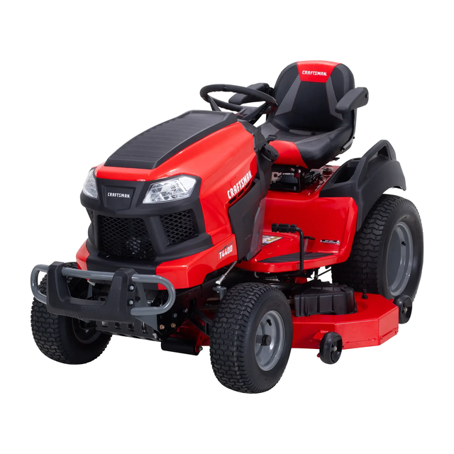 Craftsman T4400 riding lawn mower with a 54 inch fabricated cutting deck, three quarter product view