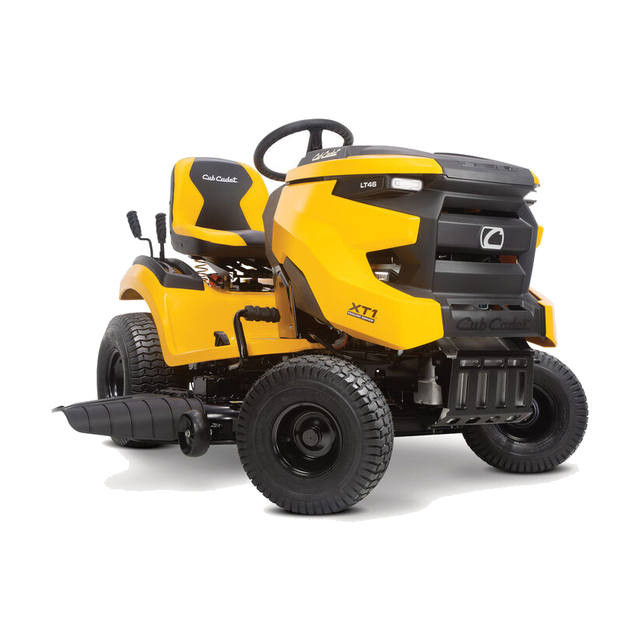 Cub Cadet XT1 Enduro LT46 riding lawn tractor with yellow hood and 46 in stamped cutting deck, photographed on a lawn.