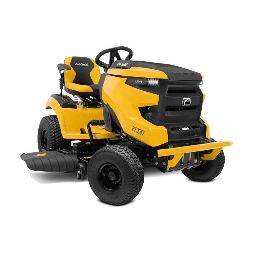 Cub Cadet LX46 lawn tractor with yellow hood, high back seat and 46 in cutting deck, shown from the side on grass.