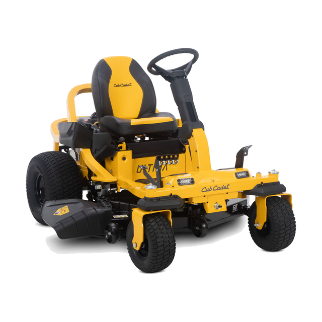 Cub Cadet Ultima ZTS1 zero-turn mower with steering wheel control, yellow accents and 50 in cutting deck on a lawn.