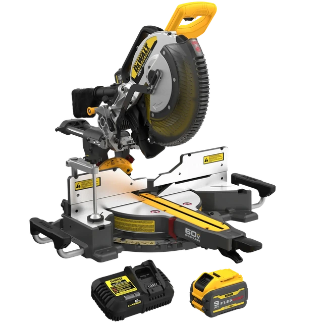 DeWalt DCS781X1 60V MAX FLEXVOLT 12" Double Bevel Sliding Compound Miter Saw Kit, product view on a white background