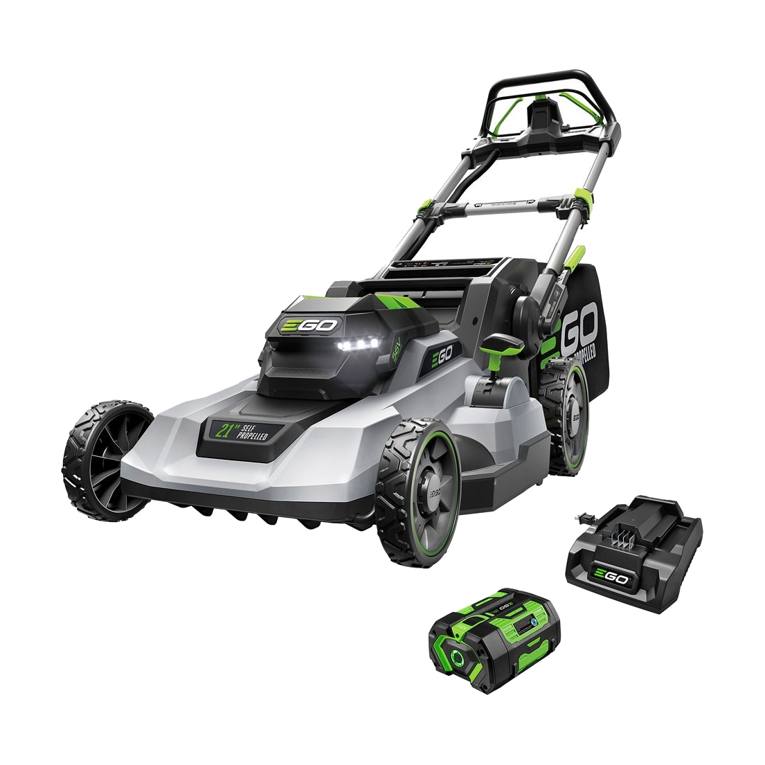 EGO LM2114SP 21 inch battery lawn mower with handlebar mounted dual toggle controls, shown with battery and charger