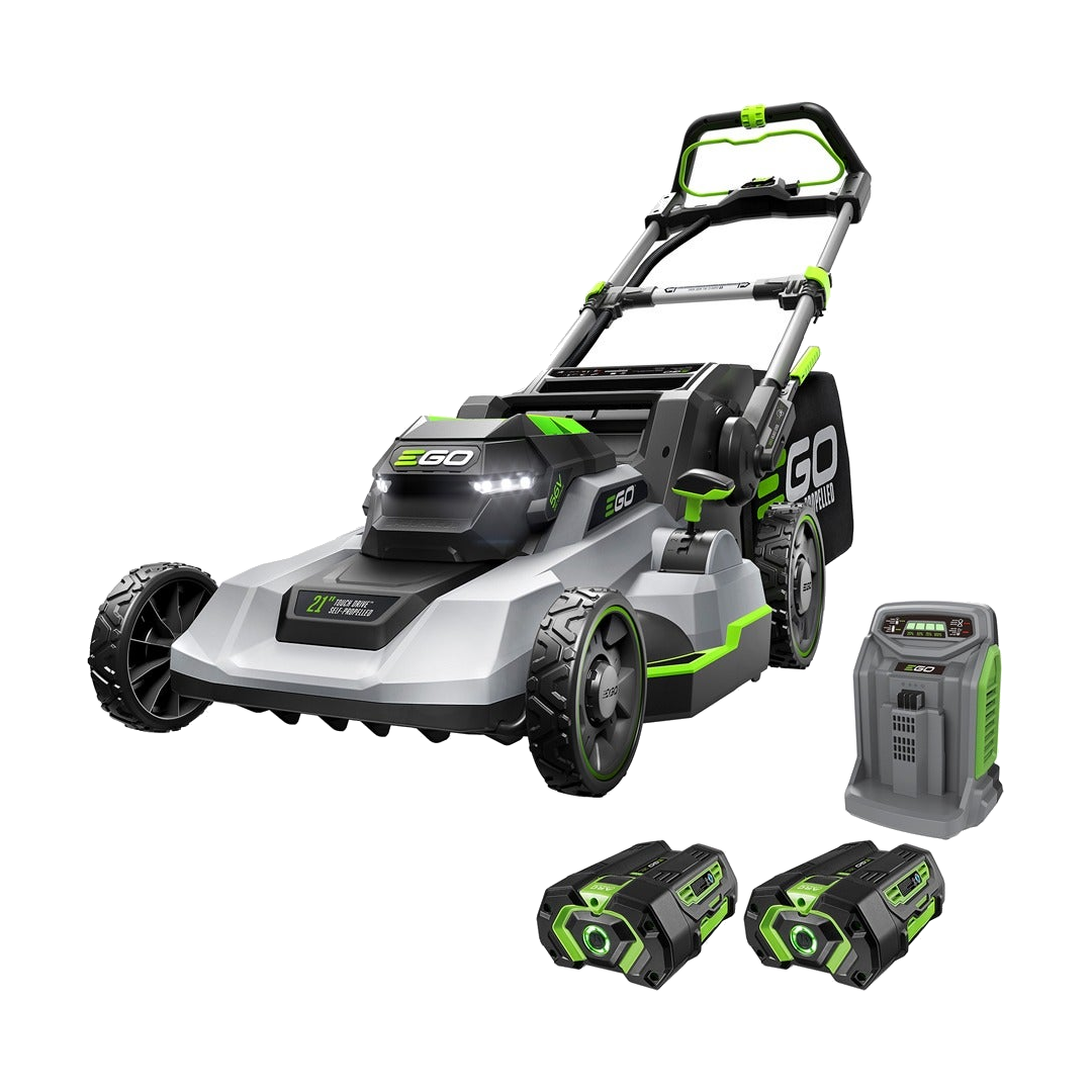 EGO LM2122SP-2 21 inch self-propelled battery lawn mower with Touch Drive handlebar, front three quarter product photo