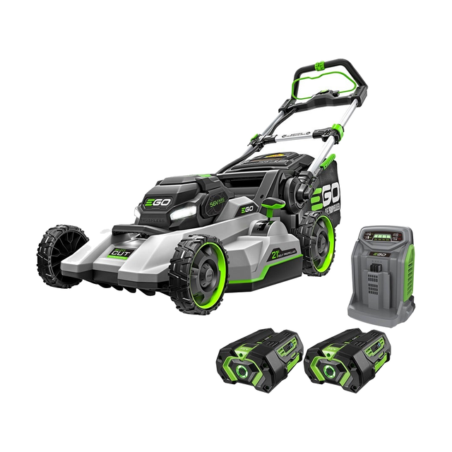 EGO LM2132SP-2 Select Cut 21 inch battery lawn mower shown with two 56 V batteries and a 550 W charger