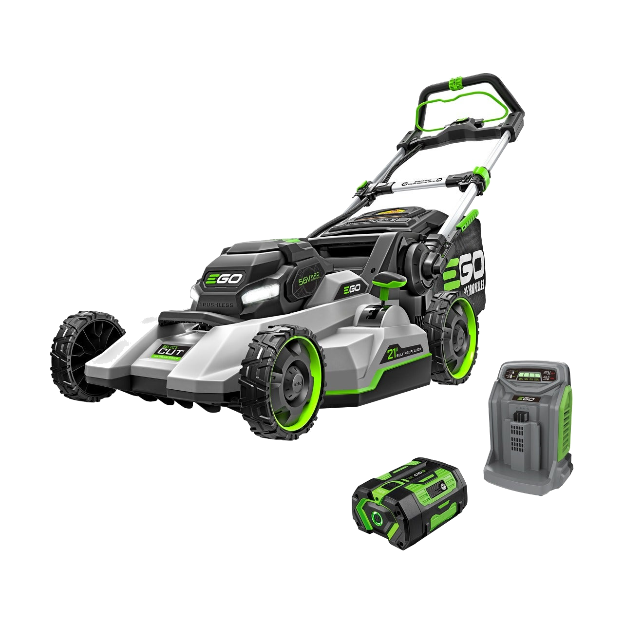 EGO LM2135SP 21 inch Select Cut self-propelled battery lawn mower shown with its G3 7.5Ah battery and 550W charger