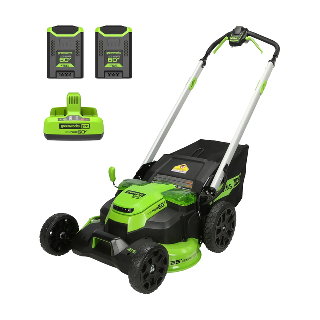 Greenworks 60V 25 inch dual blade self-propelled cordless lawn mower with two 4.0Ah batteries and a dual-port charger