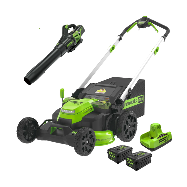 Greenworks 60V combo kit with a 25 inch self-propelled cordless mower, handheld blower, two 4.0Ah batteries and a dual-port charger