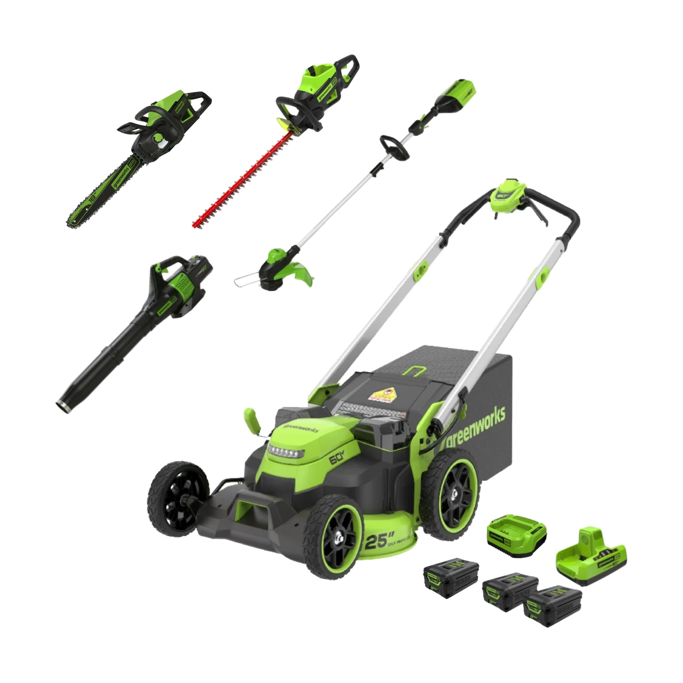 Greenworks 60V five-tool kit with mower, string trimmer, blower, chainsaw, hedge trimmer, three batteries and two chargers