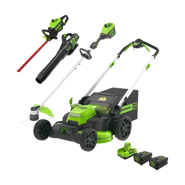 Greenworks 60V four-tool kit with mower, string trimmer, blower, hedge trimmer, two batteries and a dual-port charger