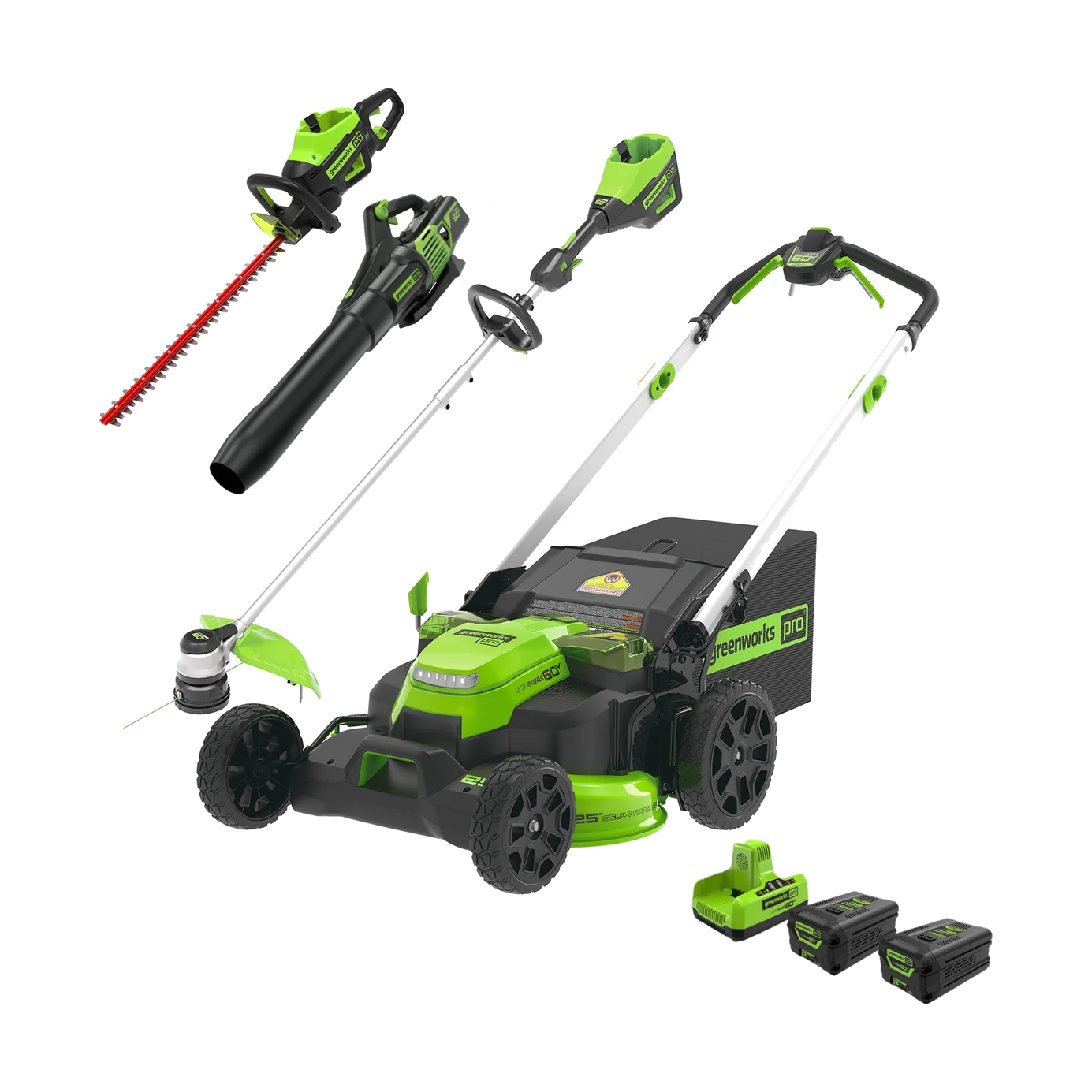 Greenworks 60V four-tool kit with mower, string trimmer, blower, hedge trimmer, two batteries and a dual-port charger