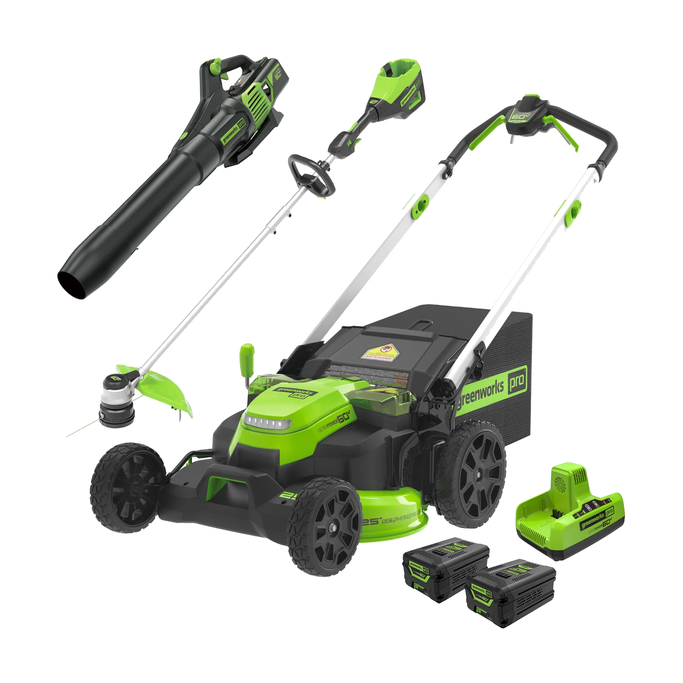 Greenworks 60V three-piece kit with a 25 inch self-propelled mower, 16 inch string trimmer and handheld blower