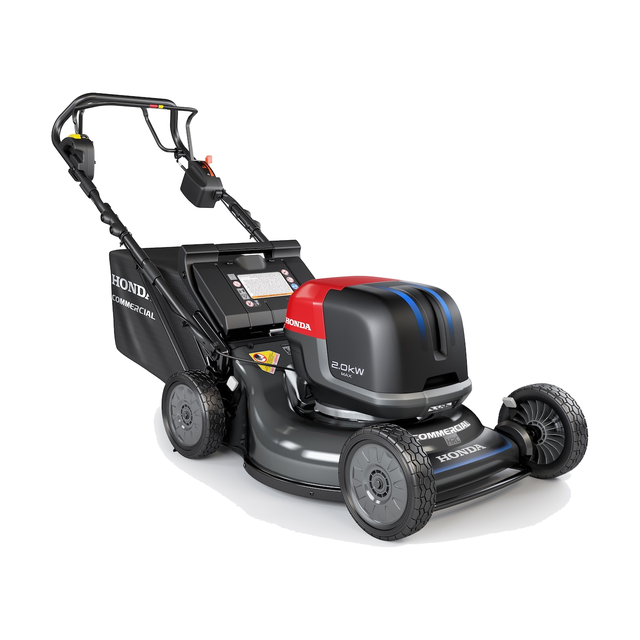 Honda HRC-BE 21 inch battery-powered self-propelled lawn mower with mounted battery pack on a lawn.