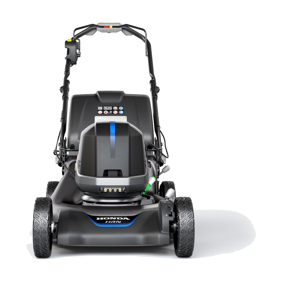 Honda HRN-BV 21 inch battery-powered self-propelled lawn mower with battery pack and rear grass bag.