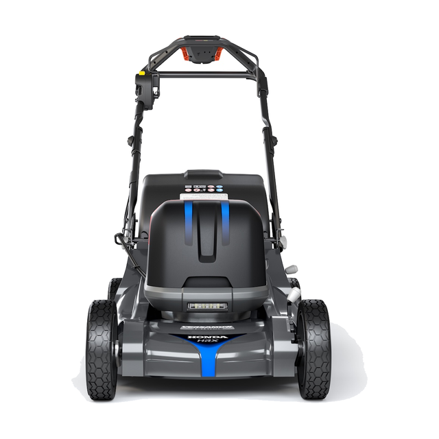Honda HRX-BE 21 inch battery-powered self-propelled lawn mower with mounted battery and rear bag.