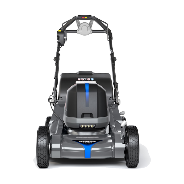 Honda HRX-BV 21 inch battery-powered self-propelled lawn mower with battery pack on a lawn.