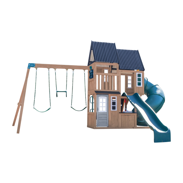 KidKraft Acadia Manor, outdoor swing set with two slides, product view on a white background