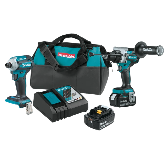 Makita XT288T 18V LXT Brushless 2-Piece Hammer Drill & 4-Speed Impact Driver Kit, product view on a white background