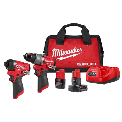 Milwaukee 3497-22 M12 FUEL 2-Tool Cordless Combo Kit: 1/2" Hammer Drill & 1/4" Impact Driver, product view on a white background