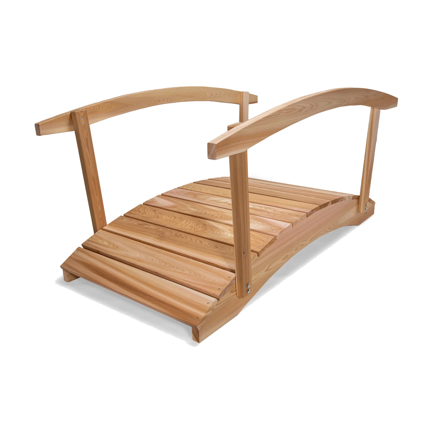 Arched 6 ft cedar garden bridge with handrails on both sides spanning a garden bed